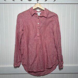 Antibes Blanc Pink 100% Linen Long Sleeve Button Up Popover Tunic Top